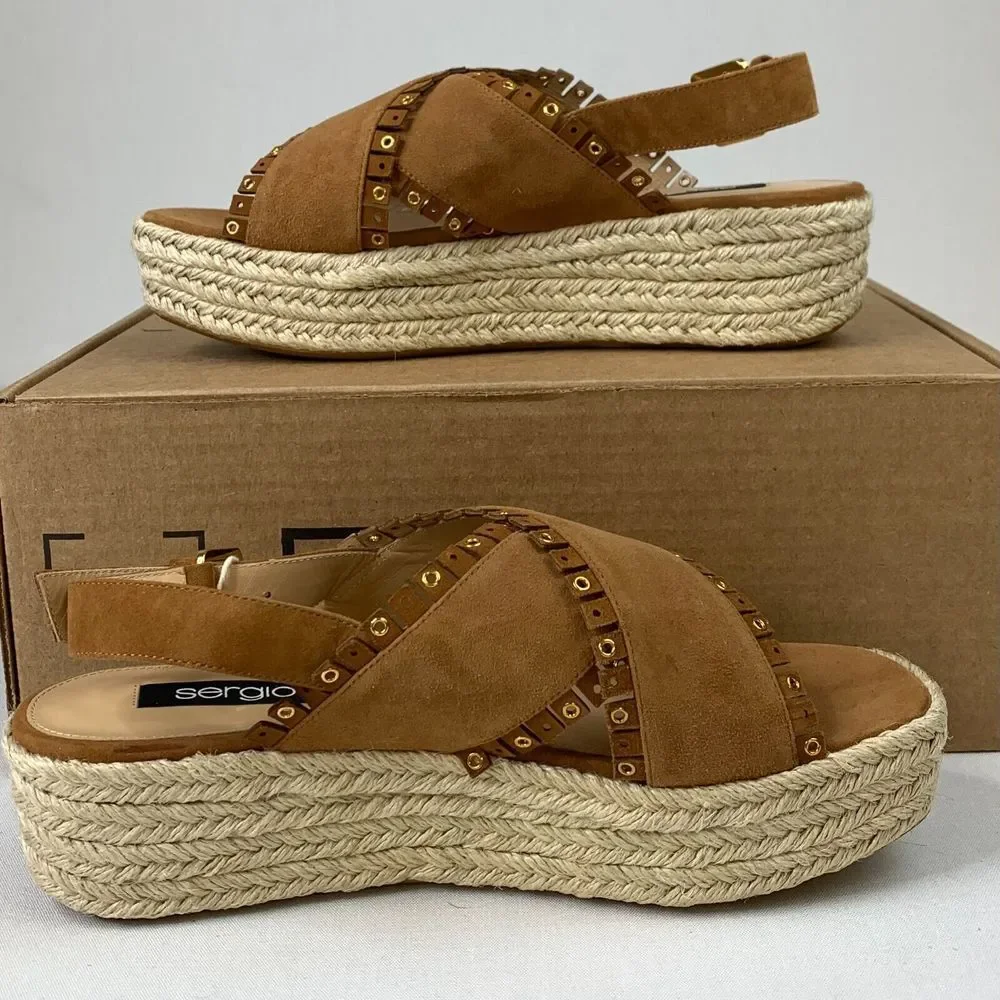Sergio Rossi Womens Wedge Sandals Brown Fringe Suede Cross-Over Strap Sz‎ 8.5/40